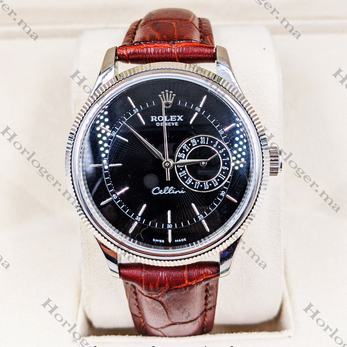 ᏒՕᏞΕХ Cellini Date Brown Leather Silver