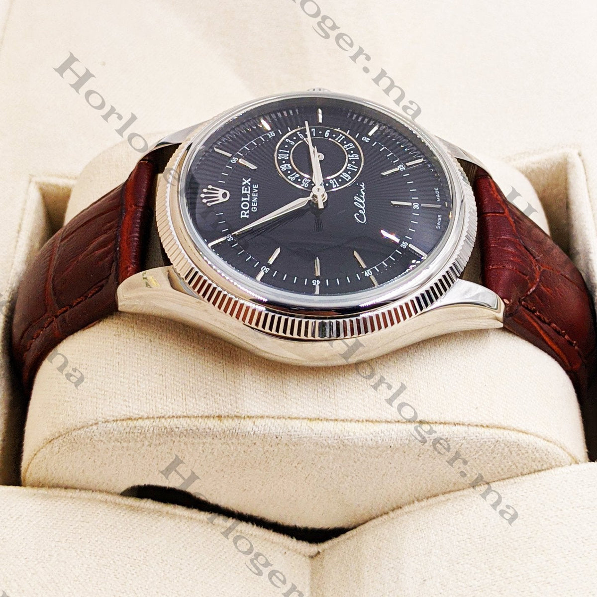 ᏒՕᏞΕХ Cellini Date Brown Leather Silver