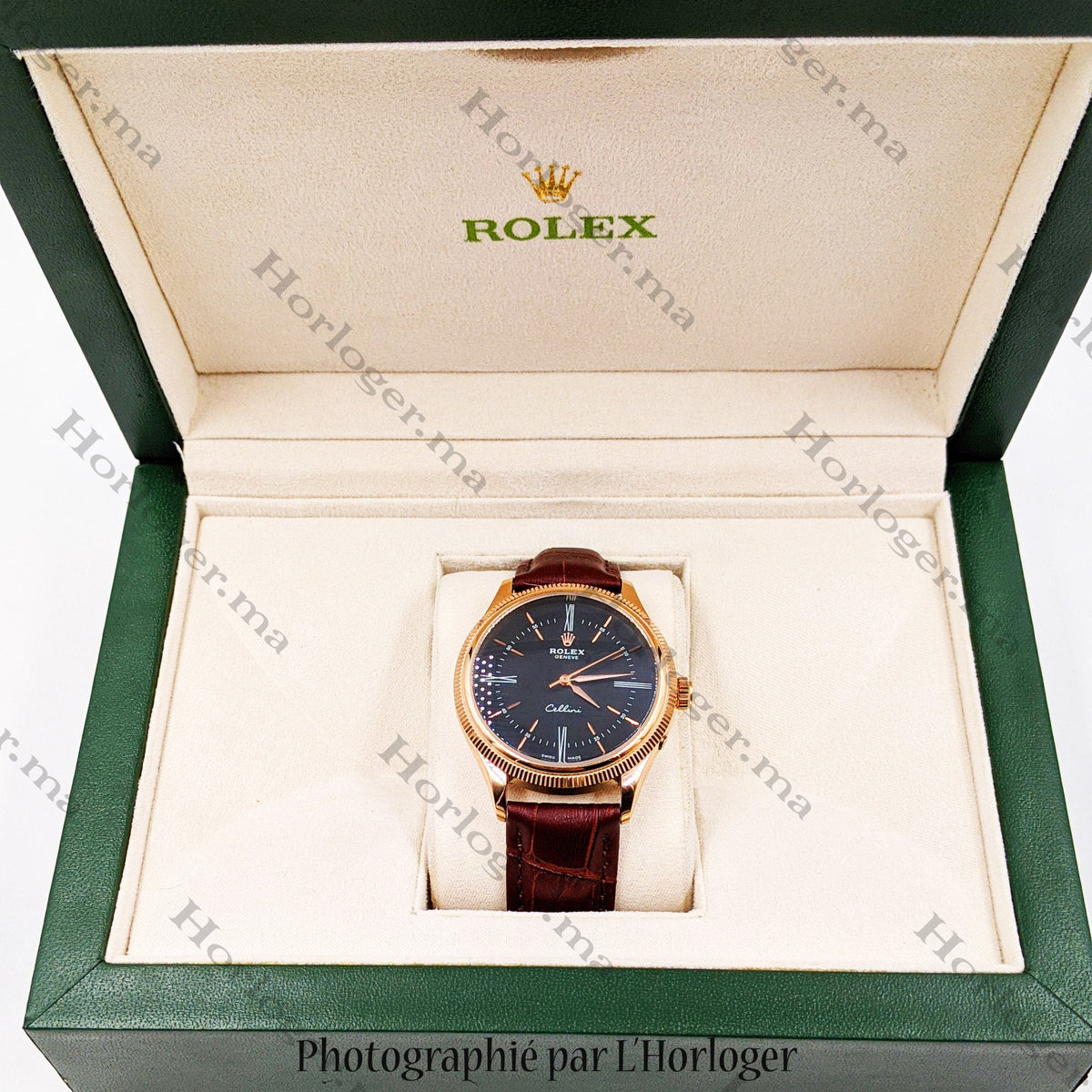 ᏒՕᏞΕХ Cellini Time Brown Leather Rosegold