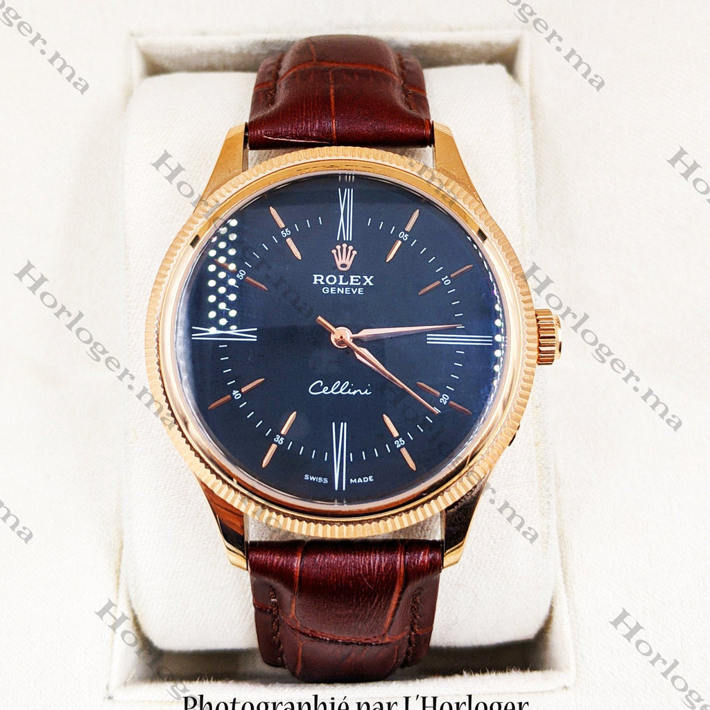 ᏒՕᏞΕХ Cellini Time Brown Leather Rosegold