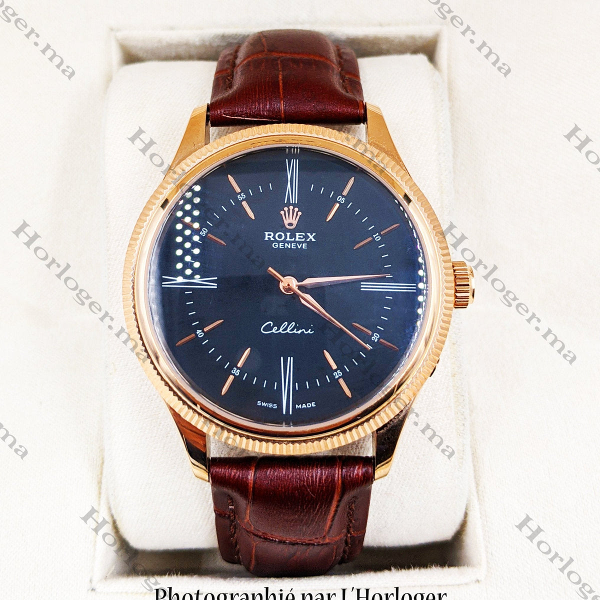 ᏒՕᏞΕХ Cellini Time Brown Leather Rosegold