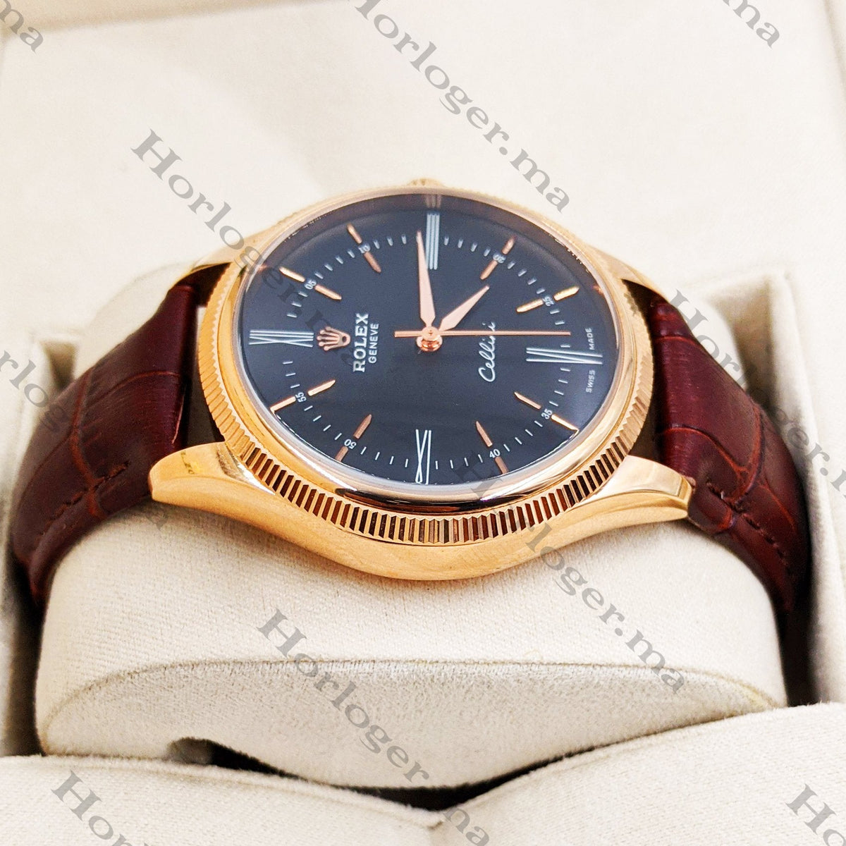 ᏒՕᏞΕХ Cellini Time Brown Leather Rosegold