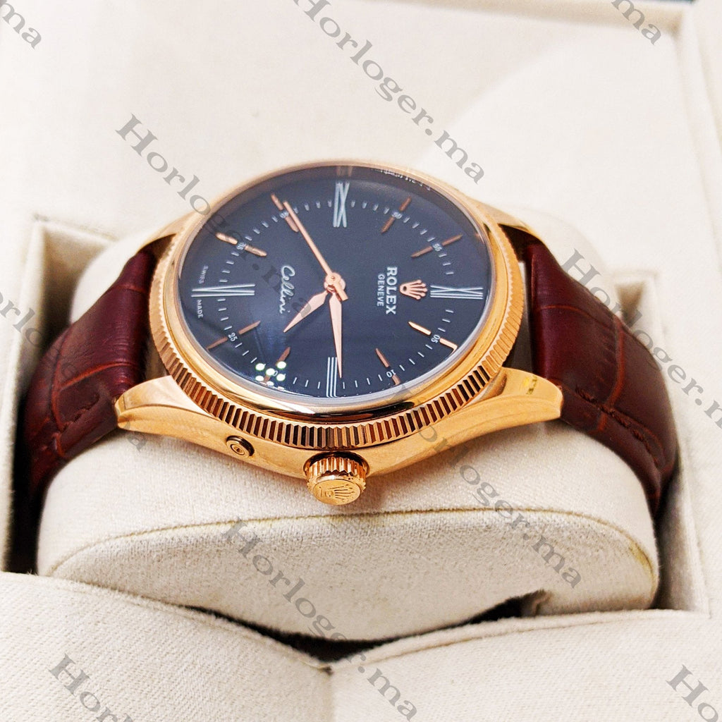 ᏒՕᏞΕХ Cellini Time Brown Leather Rosegold