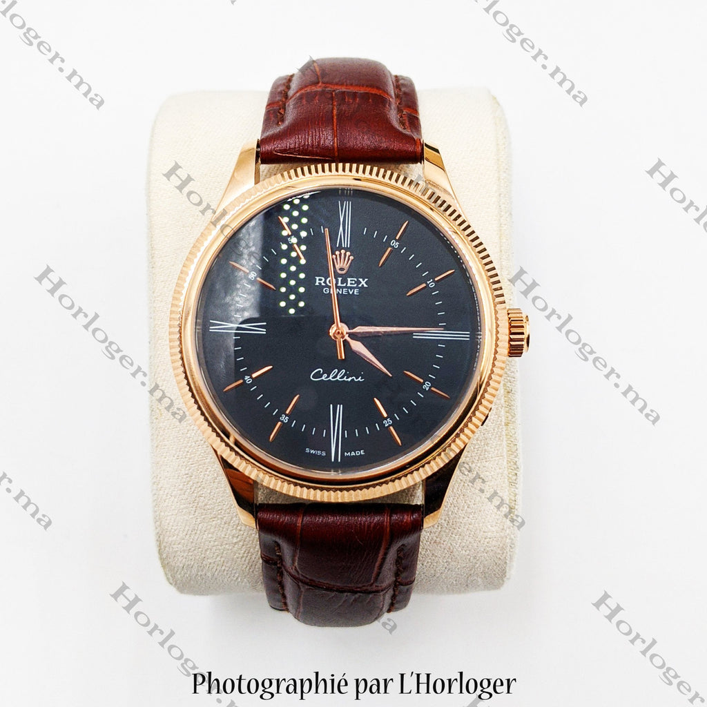 ᏒՕᏞΕХ Cellini Time Brown Leather Rosegold