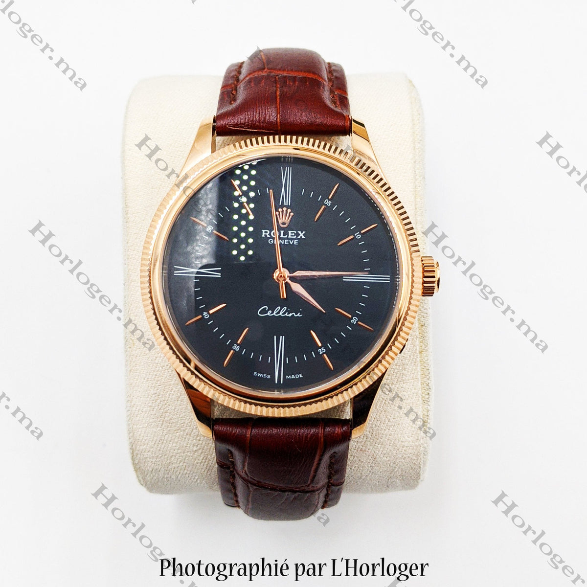 ᏒՕᏞΕХ Cellini Time Brown Leather Rosegold