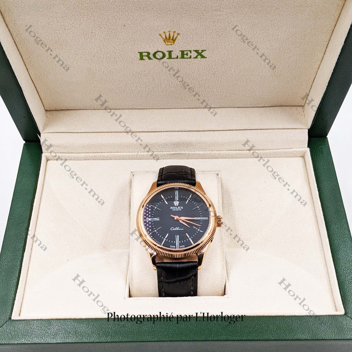 ᏒՕᏞΕХ Cellini Time Black Leather Rosegold