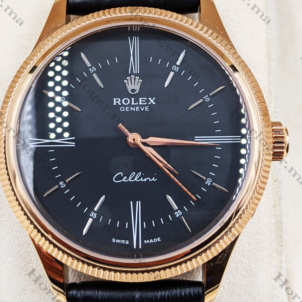 ᏒՕᏞΕХ Cellini Time Black Leather Rosegold