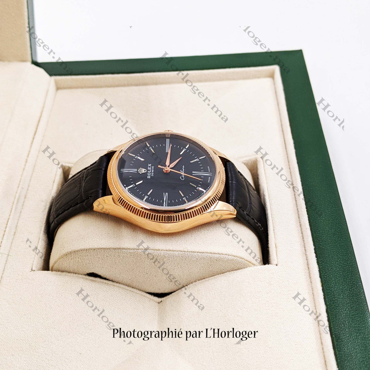 ᏒՕᏞΕХ Cellini Time Black Leather Rosegold