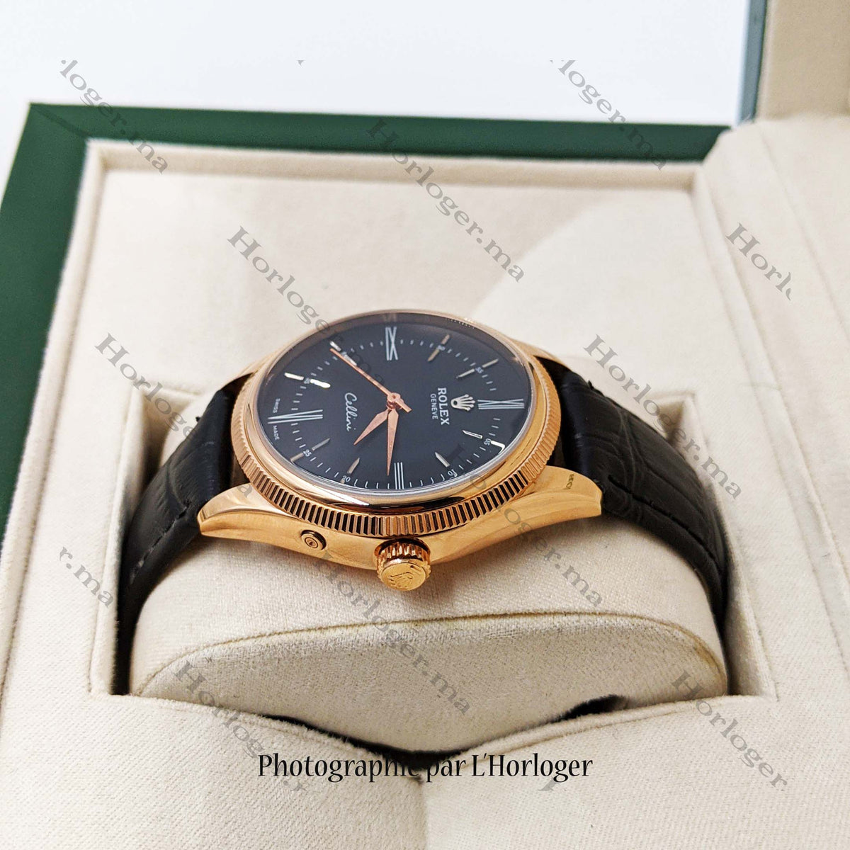 ᏒՕᏞΕХ Cellini Time Black Leather Rosegold