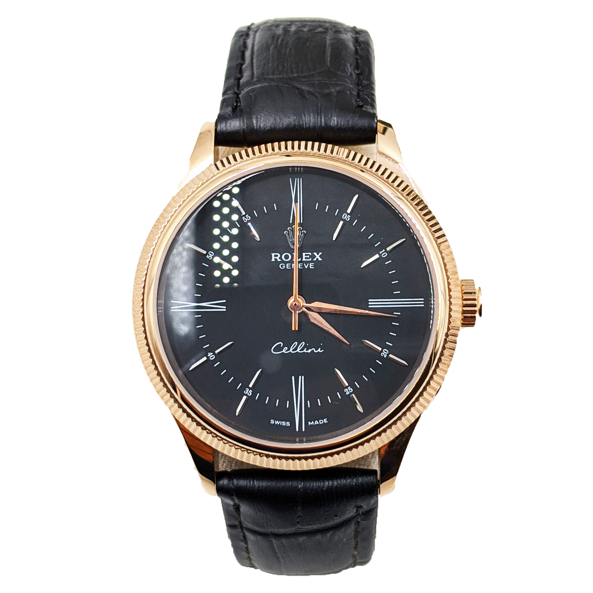 ᏒՕᏞΕХ Cellini Time Black Leather Rosegold