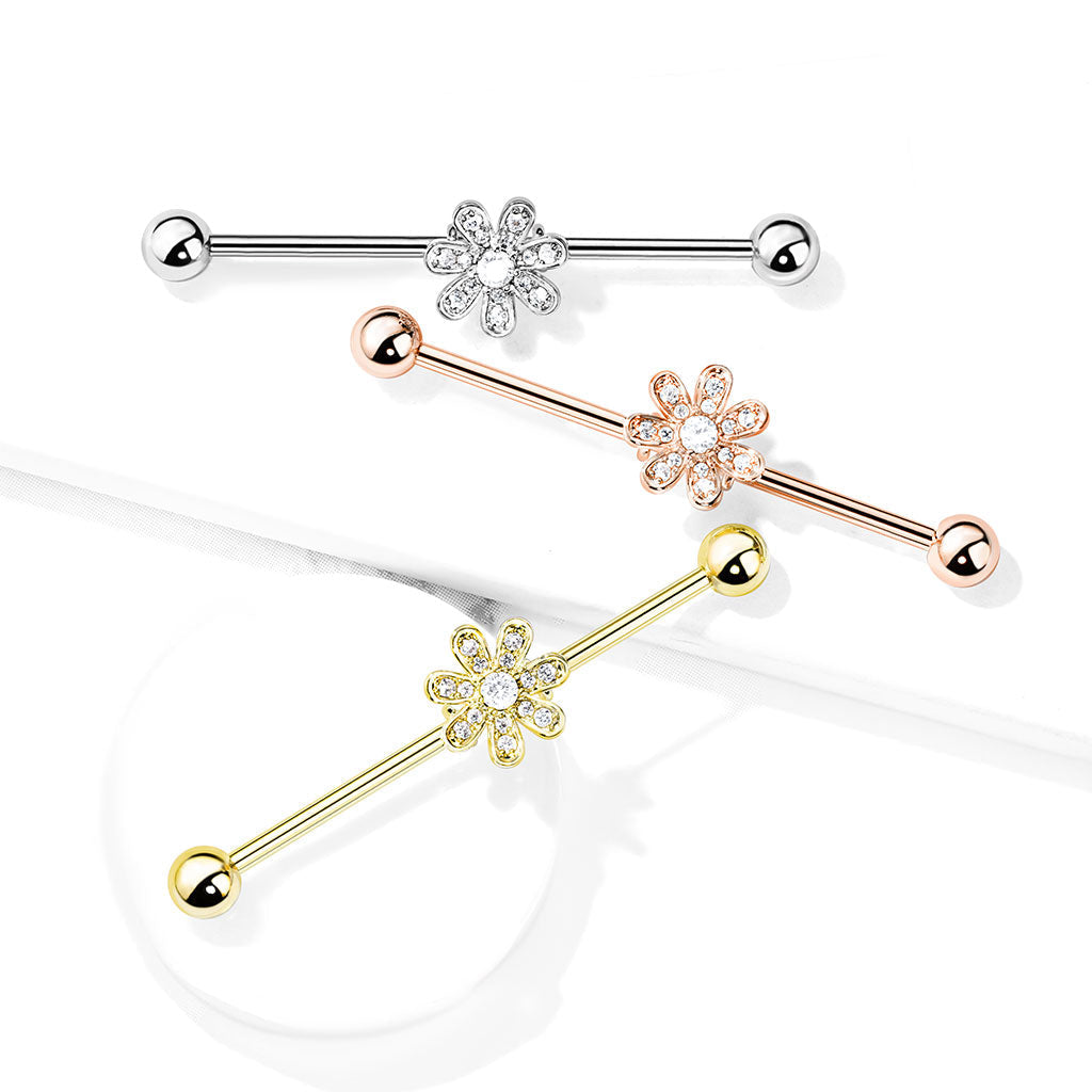 14 Gauge Silver Crystal Flower Industrial Barbell