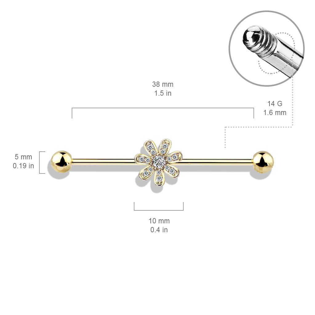 14 Gauge Silver Crystal Flower Industrial Barbell