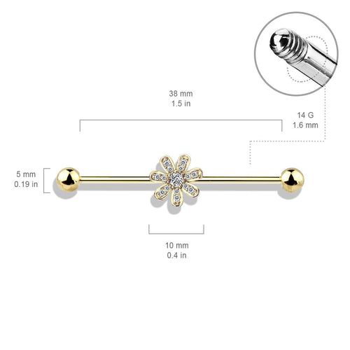 14 Gauge Silver Crystal Flower Industrial Barbell