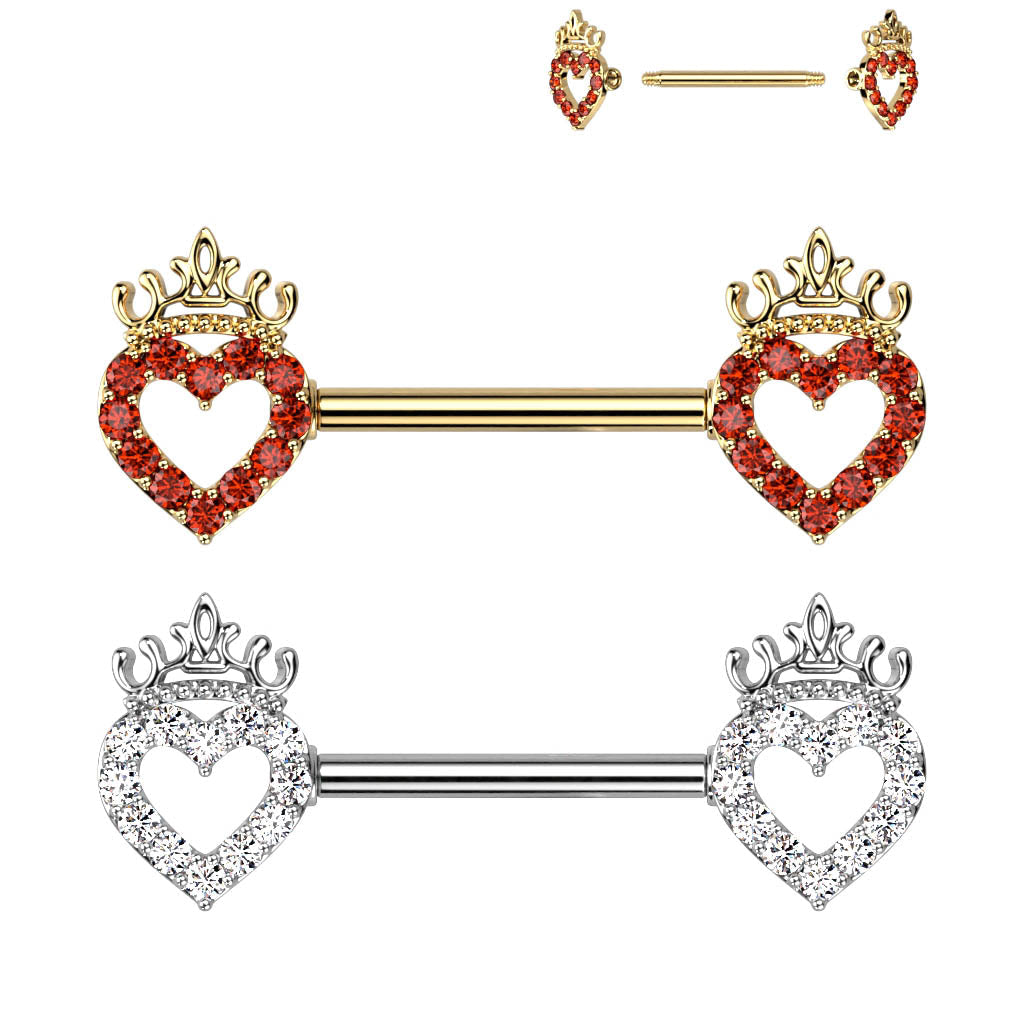14 Gauge Hollow Crystal Heart Barbell Nipple Ring
