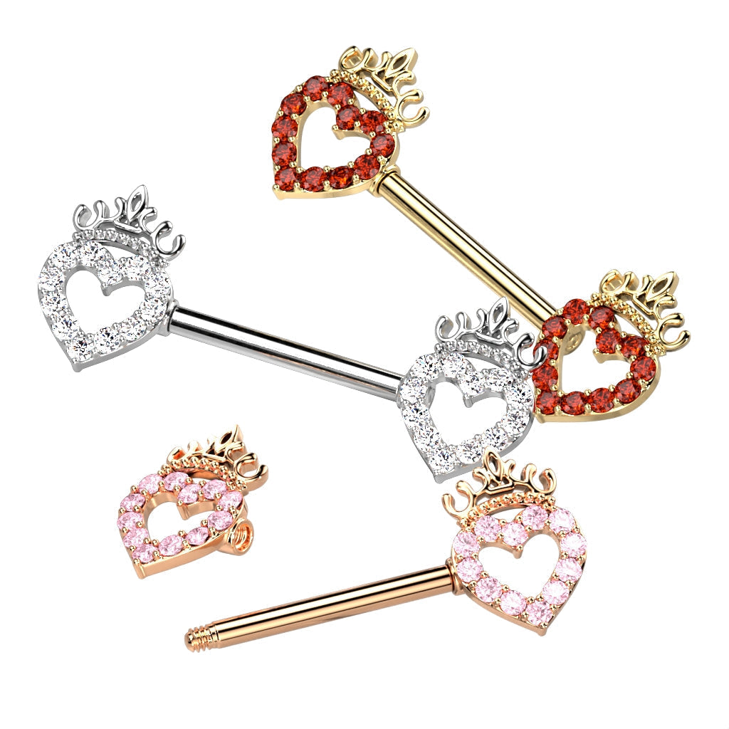 14 Gauge Hollow Crystal Heart Barbell Nipple Ring