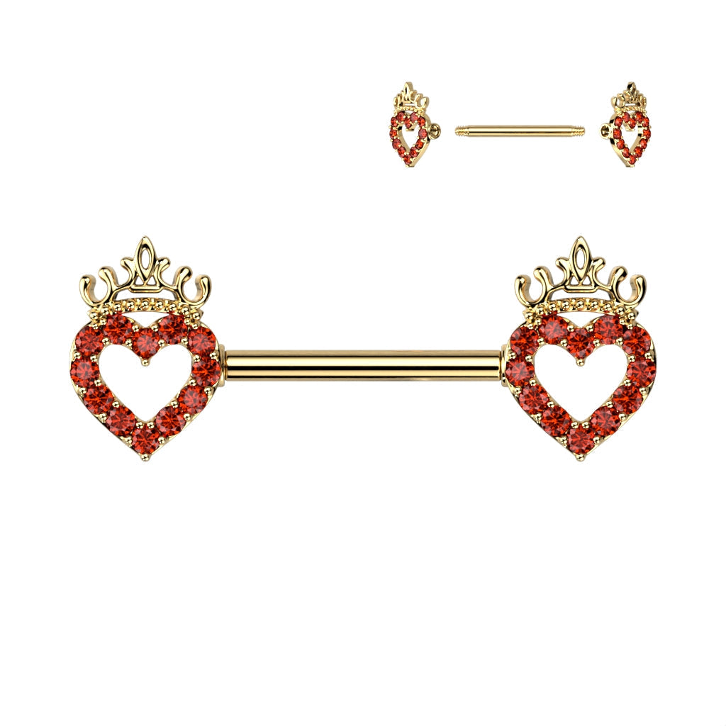 14 Gauge Hollow Crystal Heart Barbell Nipple Ring