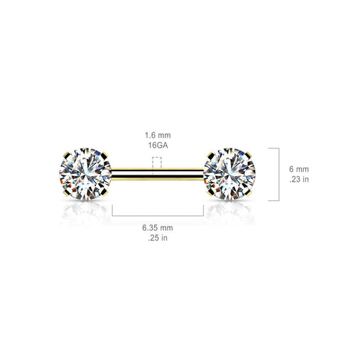 14 Gauge Prong Set Crystal Barbell Nipple Ring