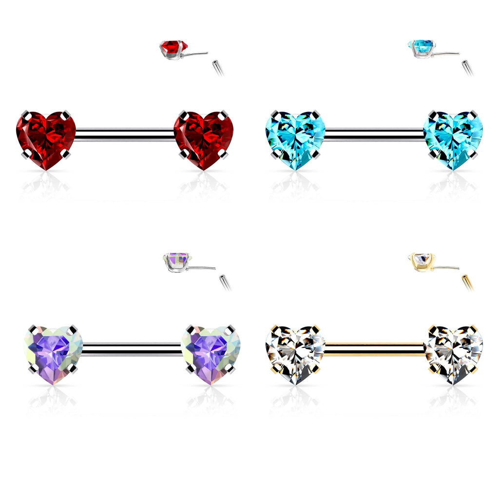 14 Gauge Prong Set Crystal Heart Barbell Nipple Ring