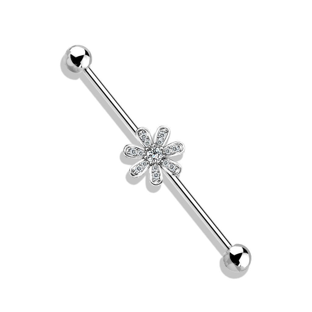 14 Gauge Silver Crystal Flower Industrial Barbell