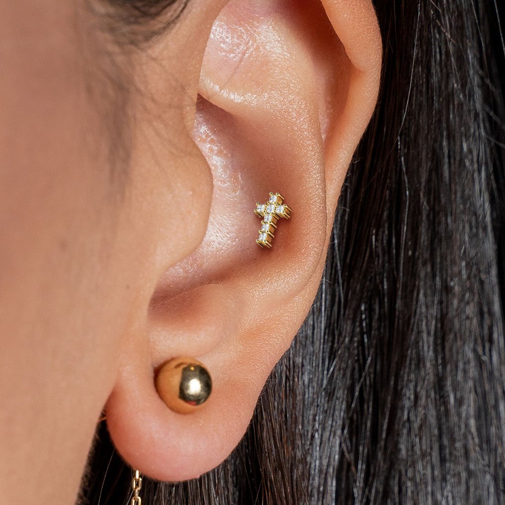 16 Gauge Internally Threaded Crystal Cross Flat Back Stud