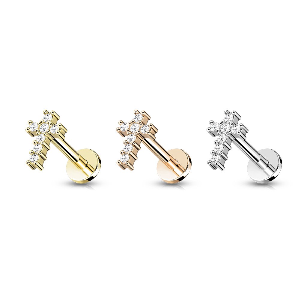 16 Gauge Internally Threaded Crystal Cross Flat Back Stud