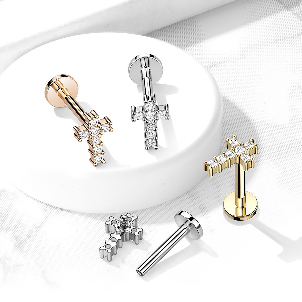 16 Gauge Internally Threaded Crystal Cross Flat Back Stud