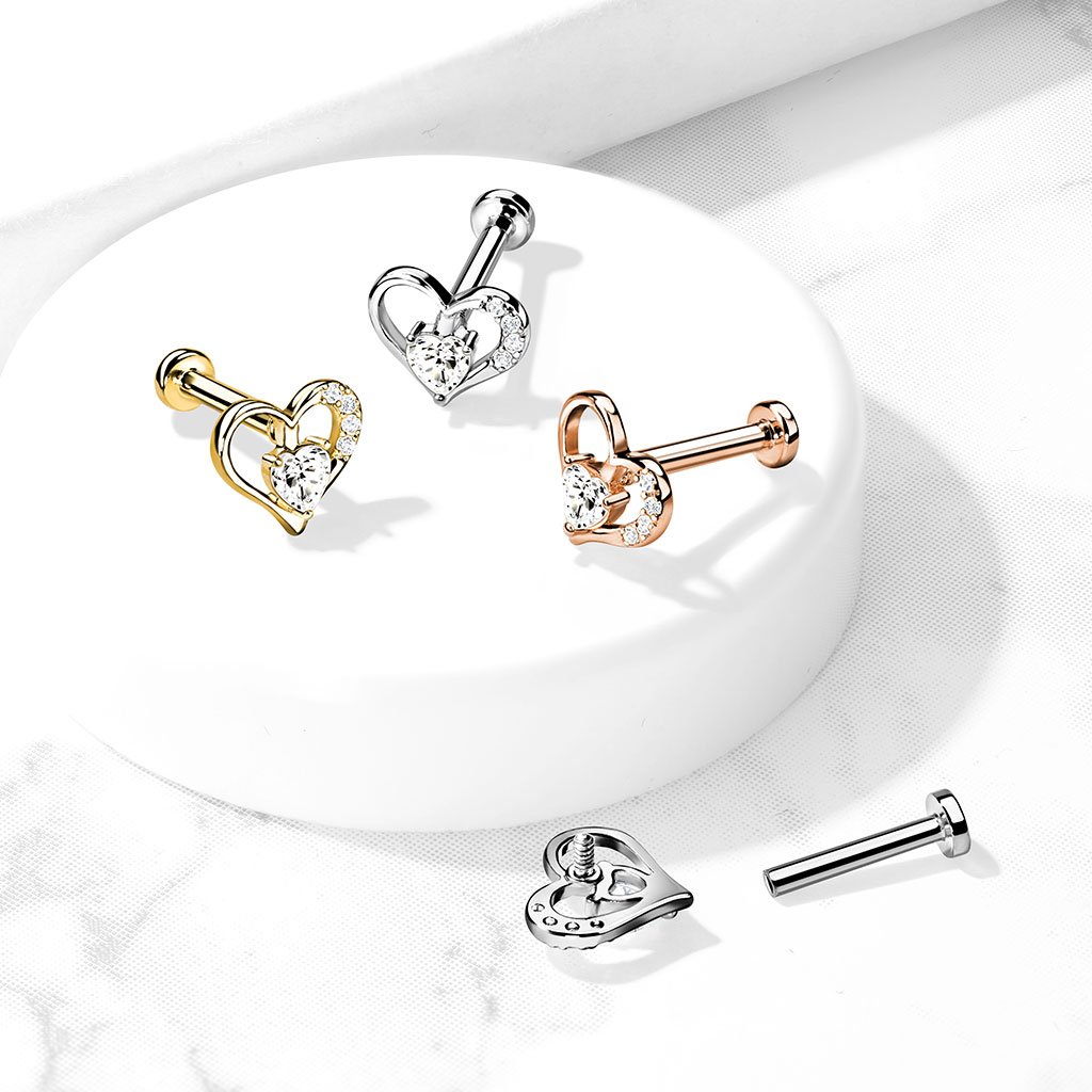 16 Gauge Internally Threaded Flat Back Crystal Heart Stud