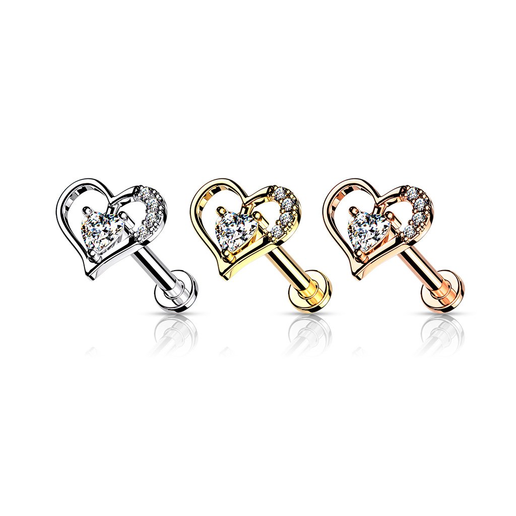 16 Gauge Internally Threaded Flat Back Crystal Heart Stud