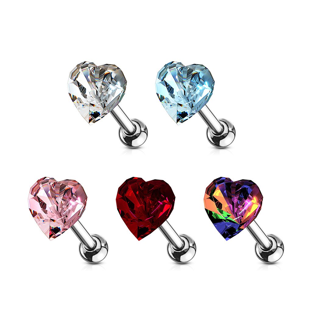 16 Gauge Crystal Heart Cartilage / Tragus Stud