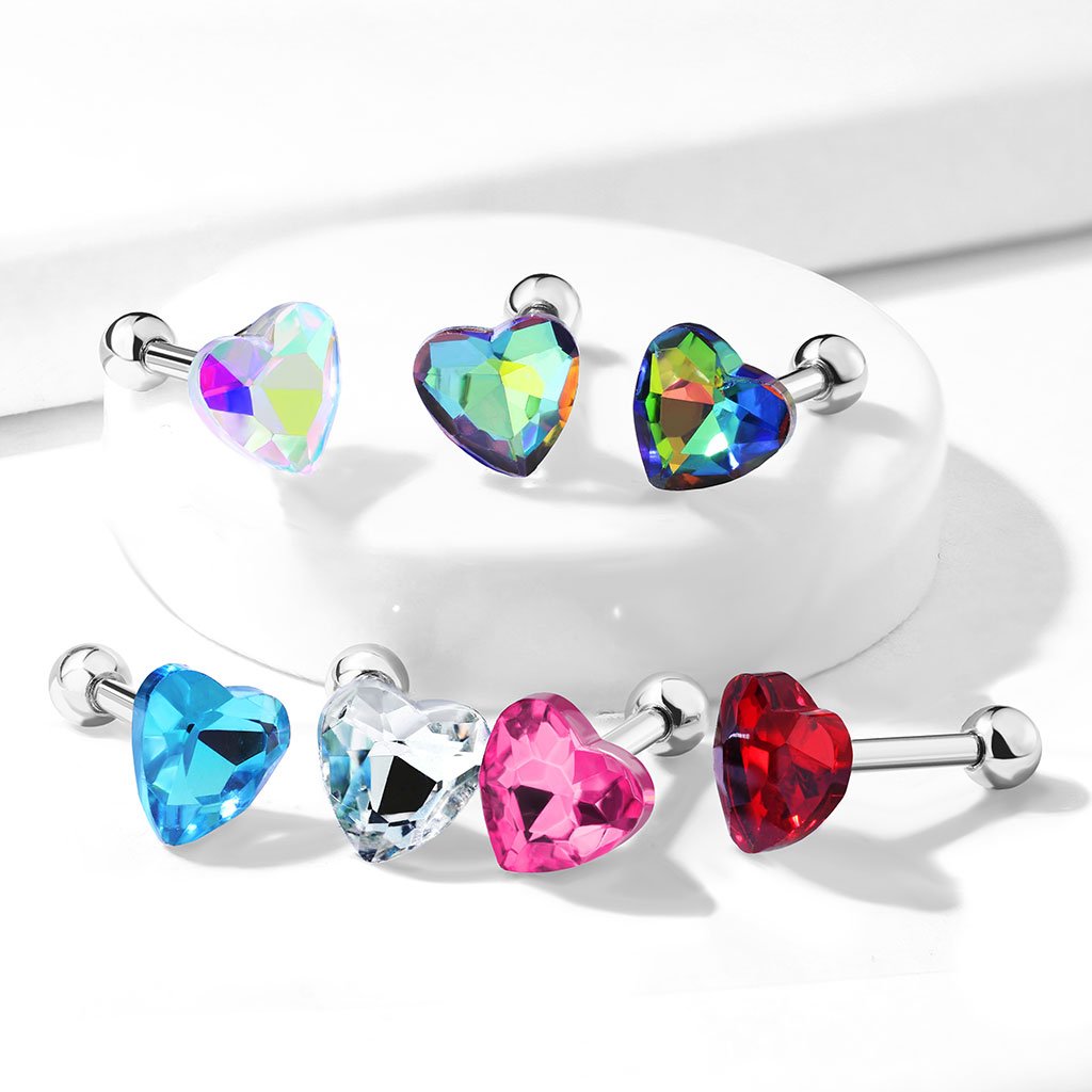 16 Gauge Crystal Heart Cartilage / Tragus Stud