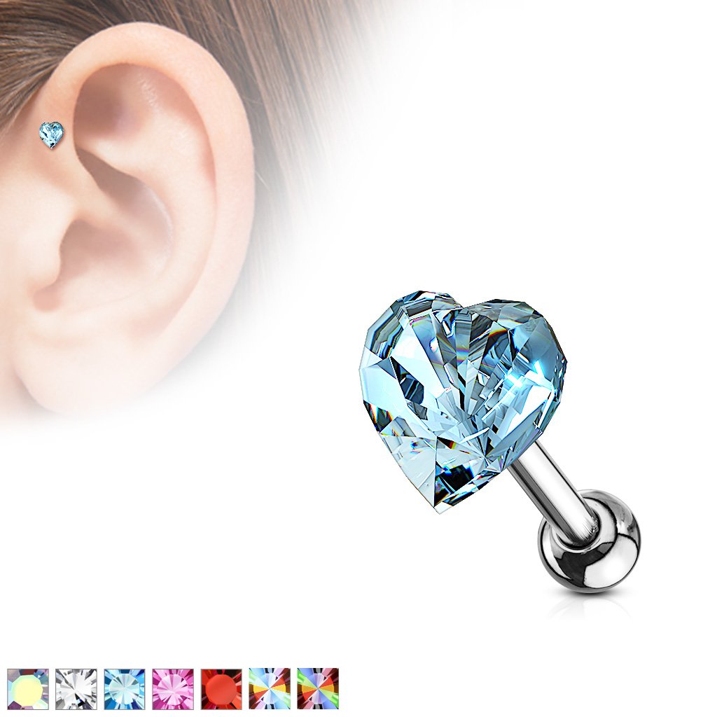 16 Gauge Crystal Heart Cartilage / Tragus Stud
