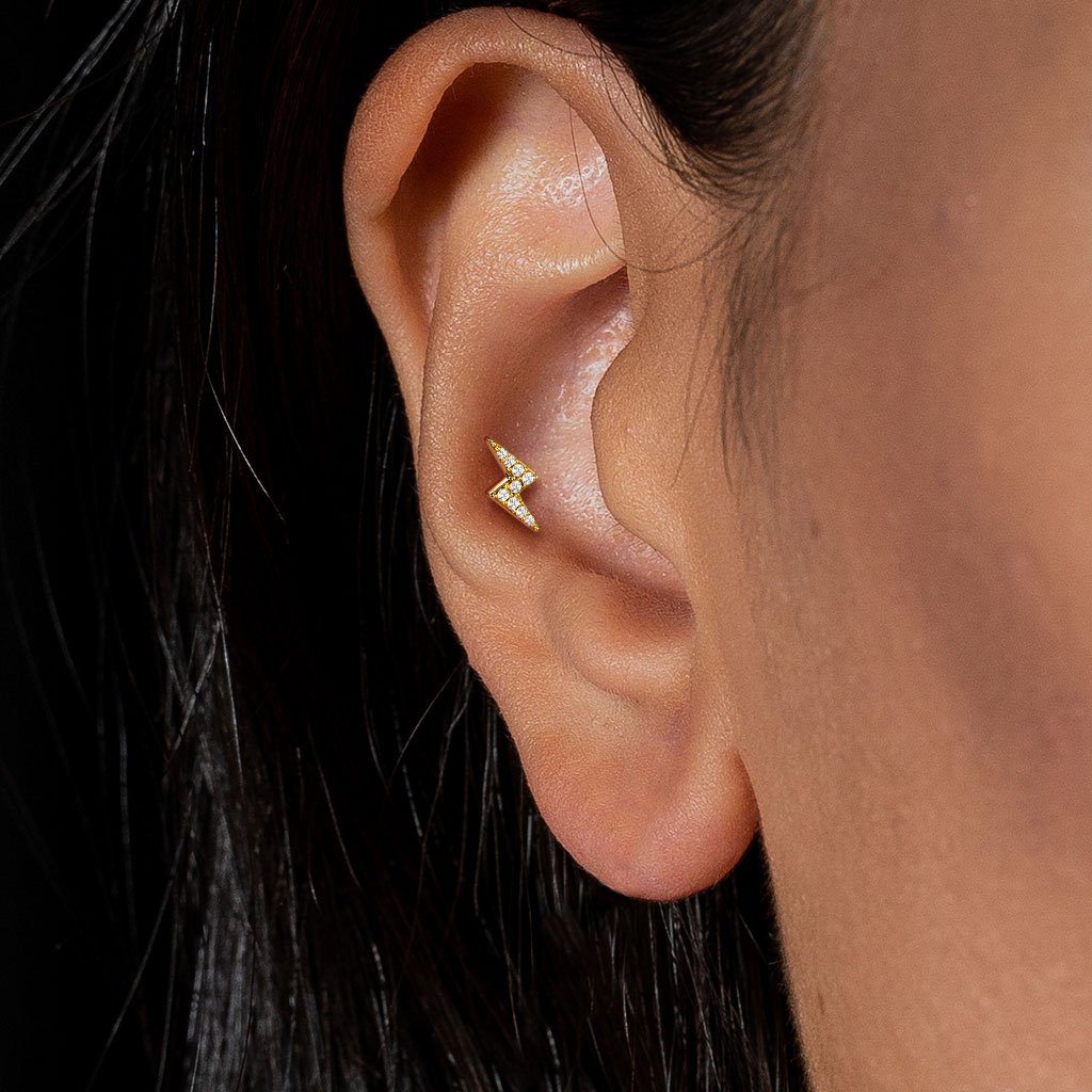 16 Gauge Crystal Lightening Bolt Cartilage / Tragus Barbell Stud