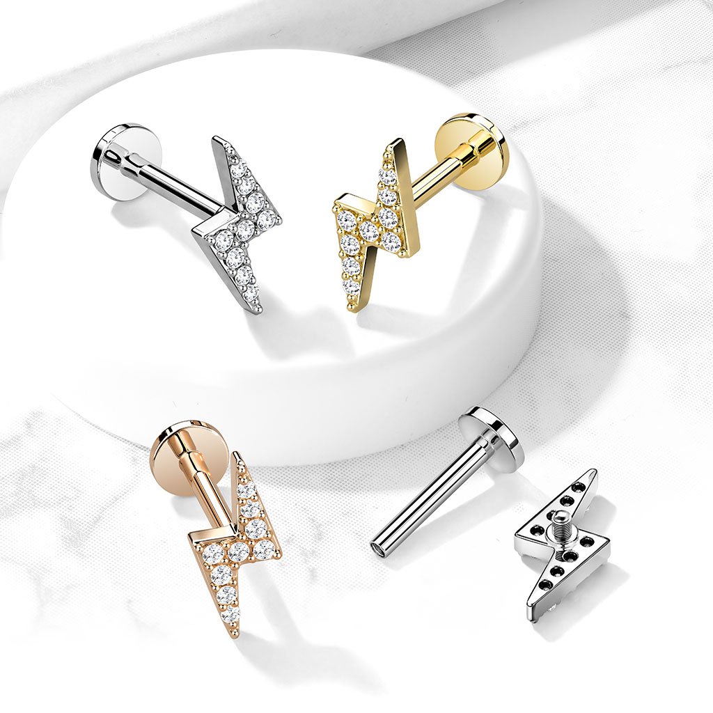 16 Gauge Crystal Lightening Bolt Cartilage / Tragus Barbell Stud