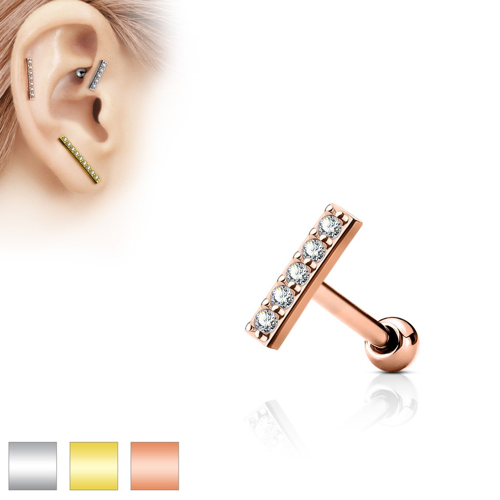 16 Gauge Crystal Lined Long Bar Cartilage / Tragus Barbell Stud