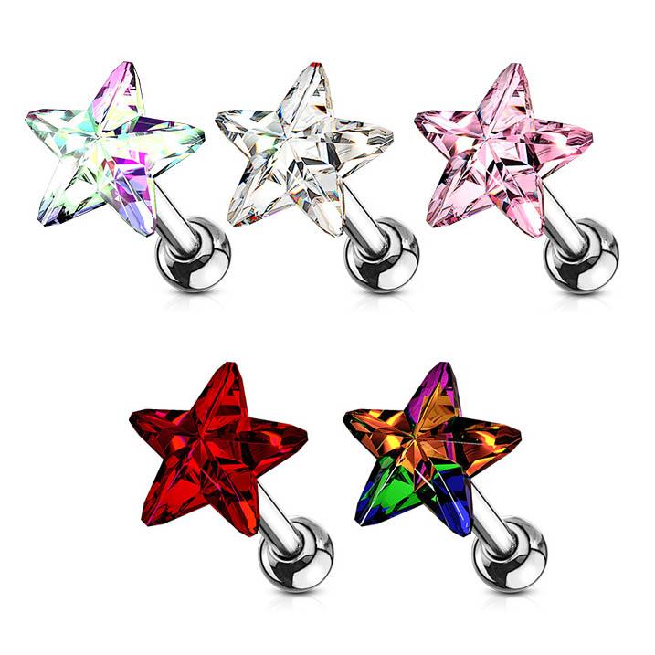 16 Gauge Crystal Star Cartilage / Tragus Barbell Stud
