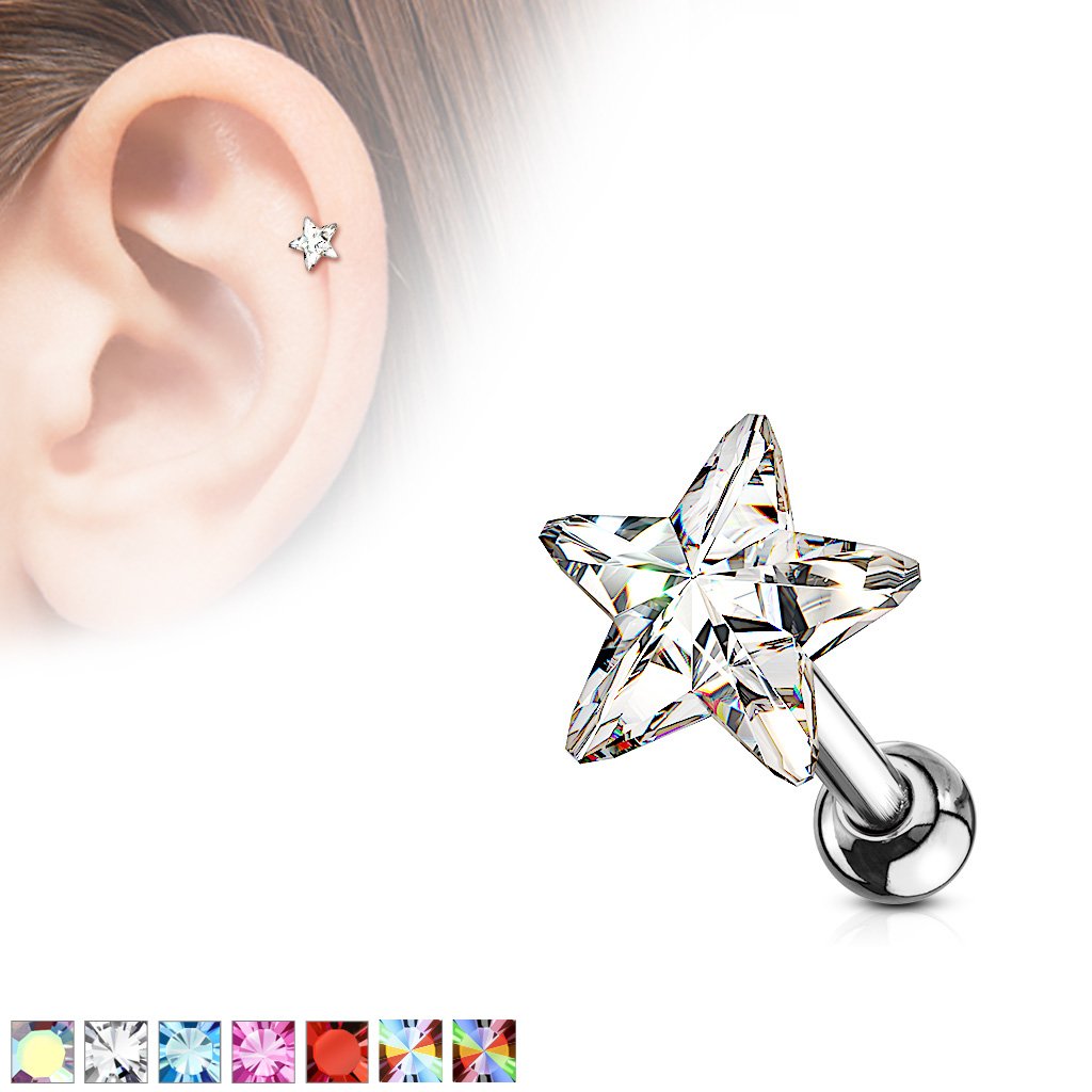 16 Gauge Crystal Star Cartilage / Tragus Barbell Stud