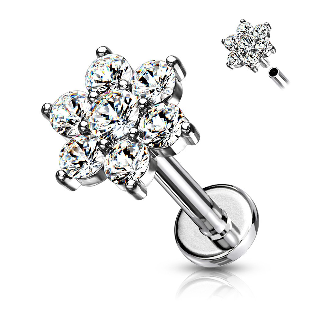 16 Gauge Flat Back Internally Threaded Crystal Flower Stud