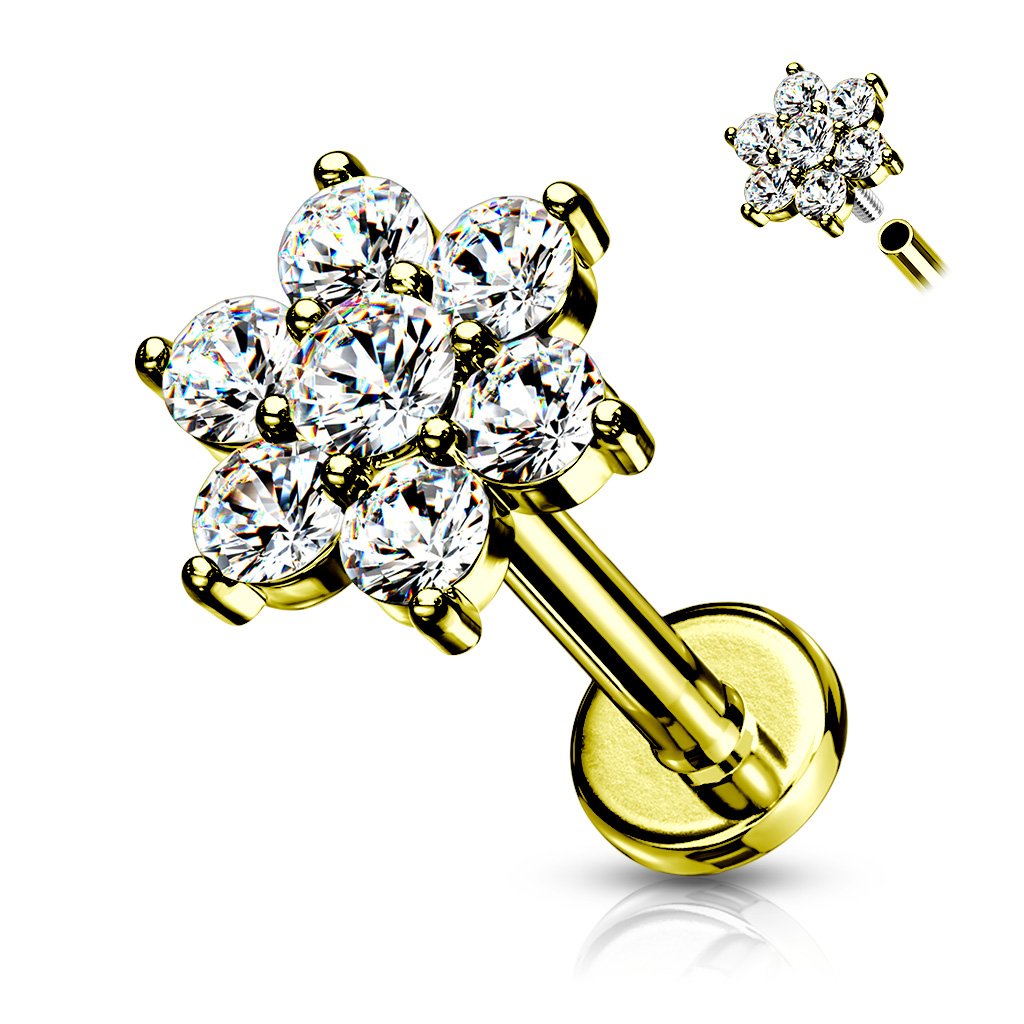 16 Gauge Flat Back Internally Threaded Crystal Flower Stud - Gold