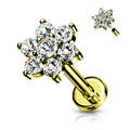 16 Gauge Flat Back Internally Threaded Crystal Flower Stud - Gold