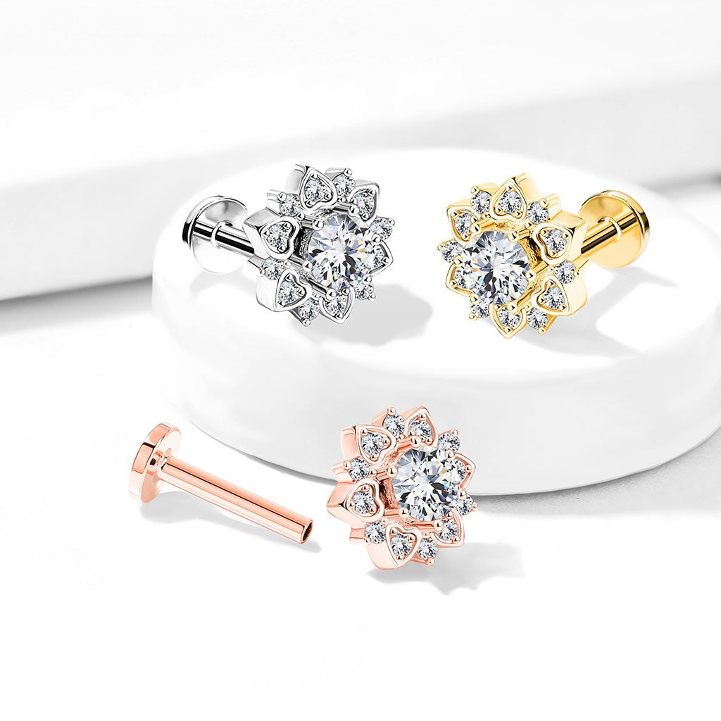 16 Gauge Flat Back Internally Threaded Crystal Flower Stud