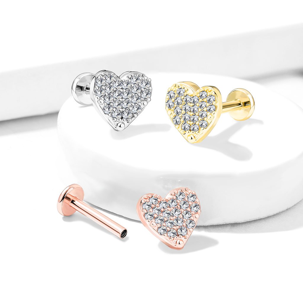 16 Gauge Flat Back Internally Threaded Crystal Heart Stud