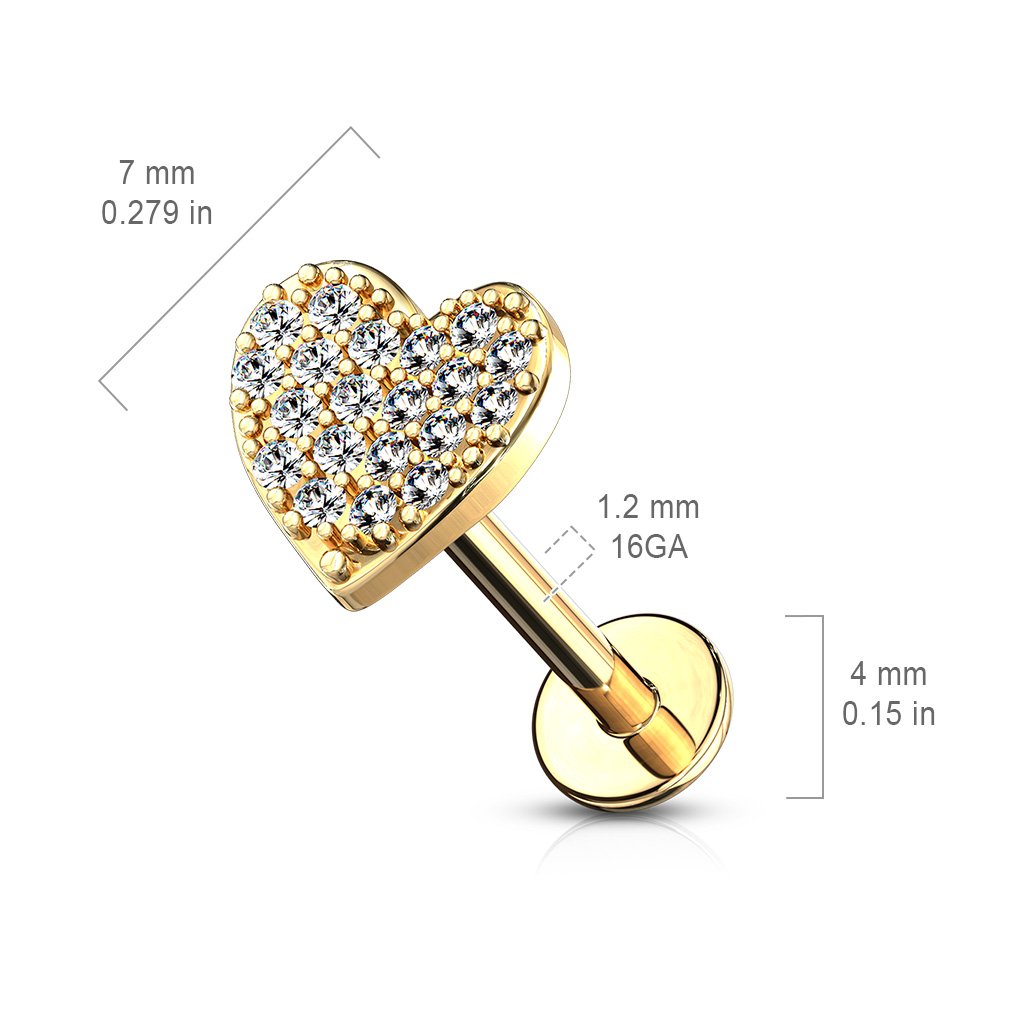 16 Gauge Flat Back Internally Threaded Crystal Heart Stud
