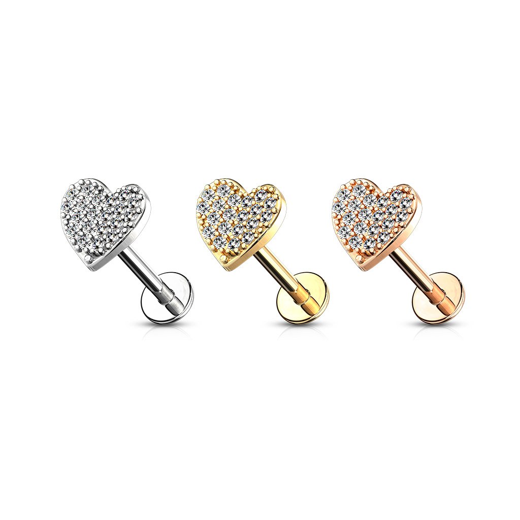 16 Gauge Flat Back Internally Threaded Crystal Heart Stud