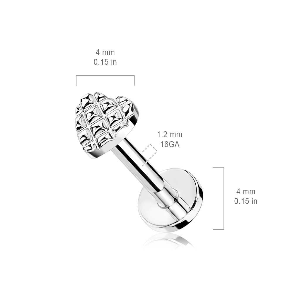 16 Gauge Flat Back Internally Threaded Diamond Cut Heart Stud