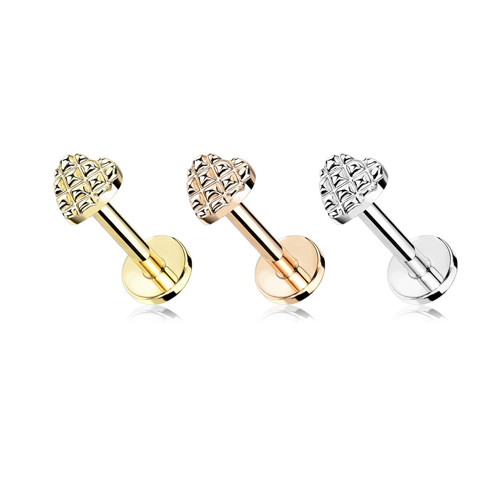 16 Gauge Flat Back Internally Threaded Diamond Cut Heart Stud