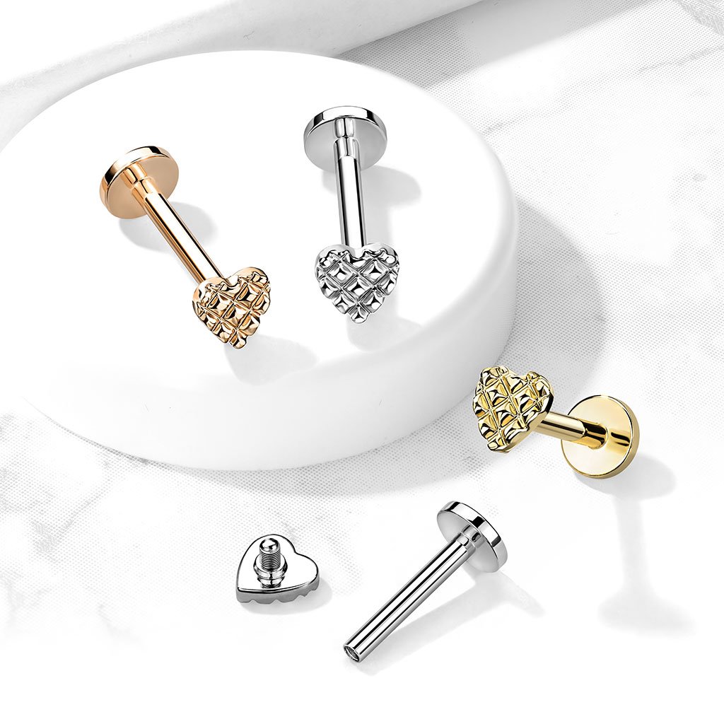 16 Gauge Flat Back Internally Threaded Diamond Cut Heart Stud
