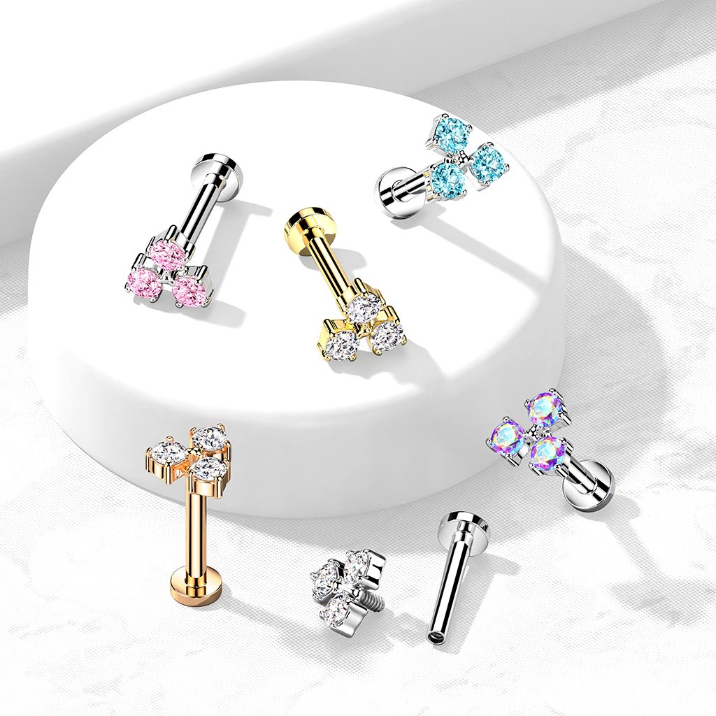 16 Gauge Flat Back Internally Threaded Triple Gem Stud