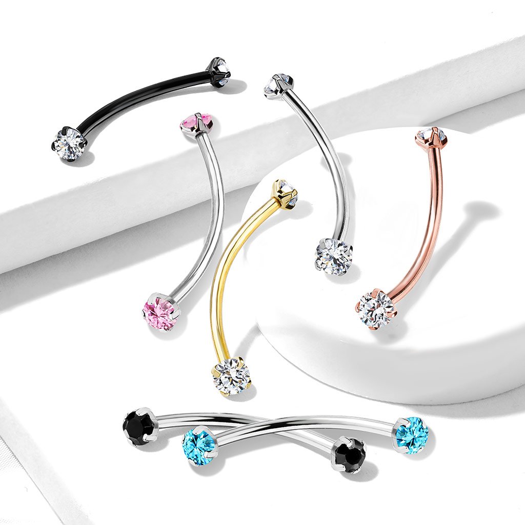 316L Surgical Steel Curved Barbell With Crystal Ends