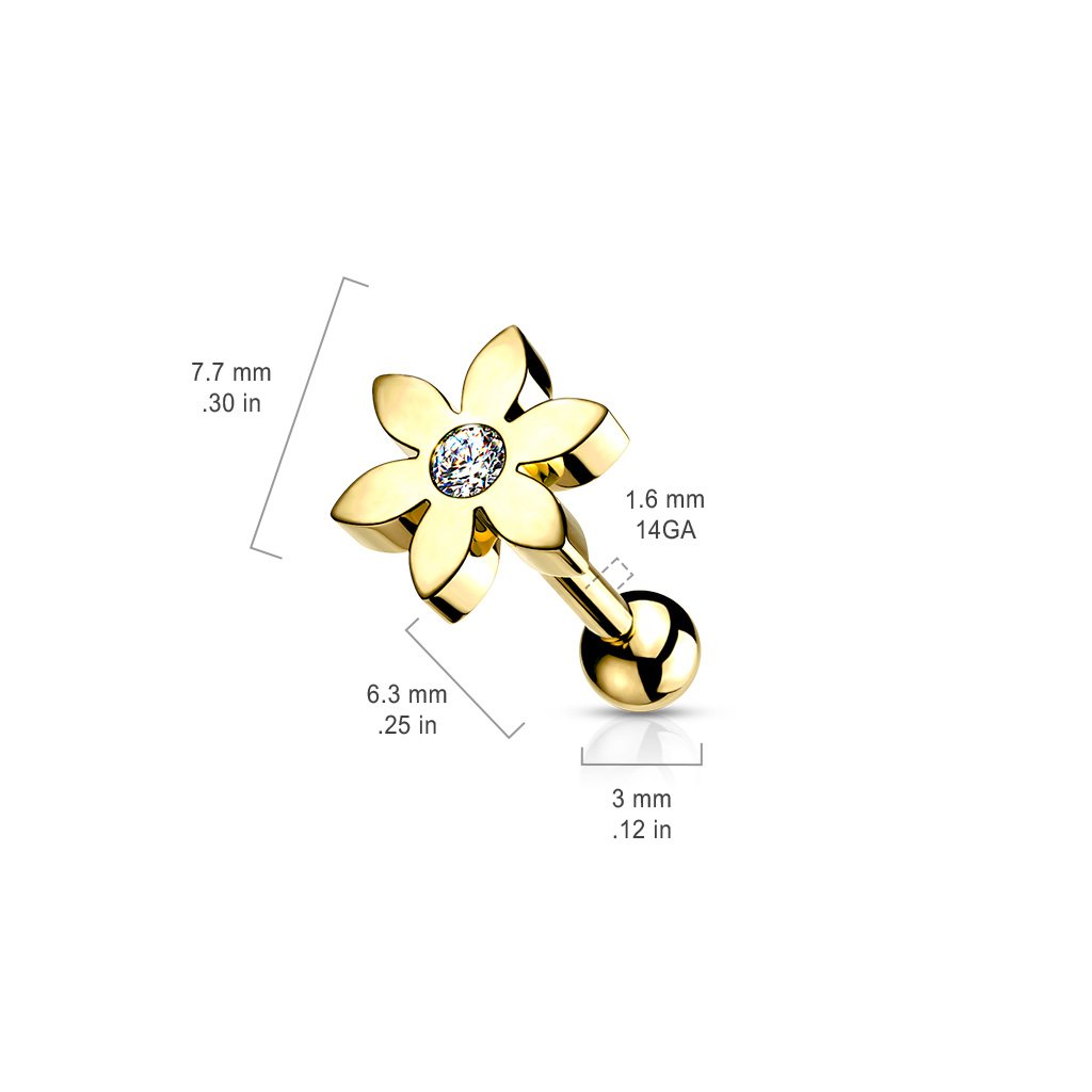 16 Gauge 5 Petal Crystal Flower Cartilage / Tragus Stud