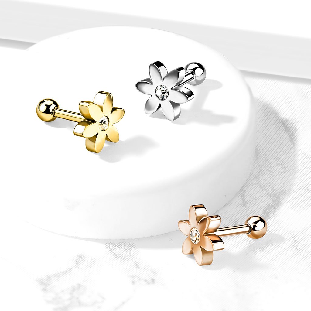 16 Gauge 5 Petal Crystal Flower Cartilage / Tragus Stud